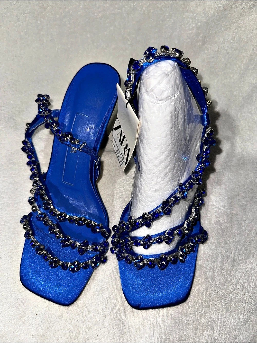 Zara Satin-Effect Embellished Heeled Sandals Blue Rhinestone Heels